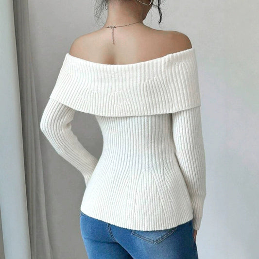 Women Off-Shoulder Knit Sweater with Decorative Ribbed Structures Ivyshape