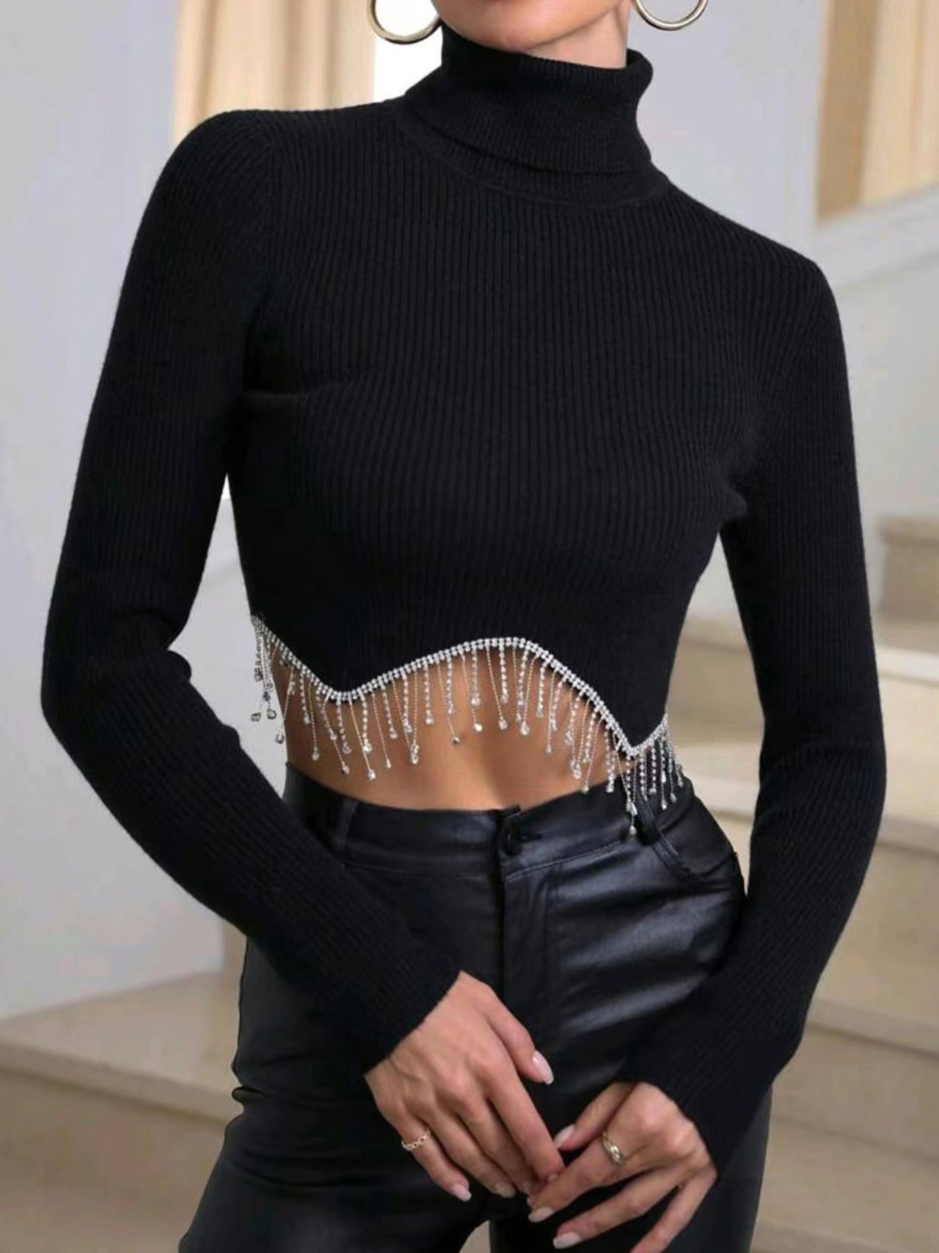 Women's fashionable turtleneck sweater with glittering embellishments Ivyshape