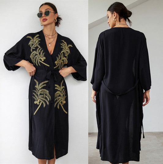 Women's longer Kaftan with intricate palm embroidery and tie belt Ivyshape