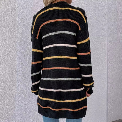 Women's casual knit cardigan with colorful striped pattern and open front Ivyshape