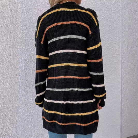 Women's casual knit cardigan with colorful striped pattern and open front Ivyshape