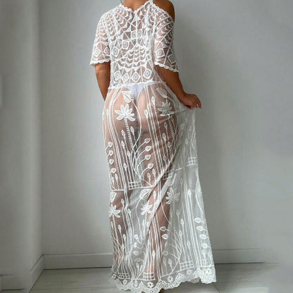 Women's transparent crochet beach cover-up with floral patterns Ivyshape