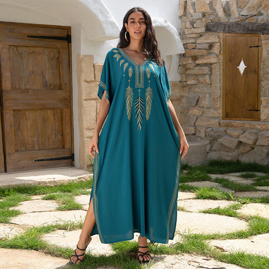 Women's airy kaftan with elegant embroidery design and side slits Ivyshape