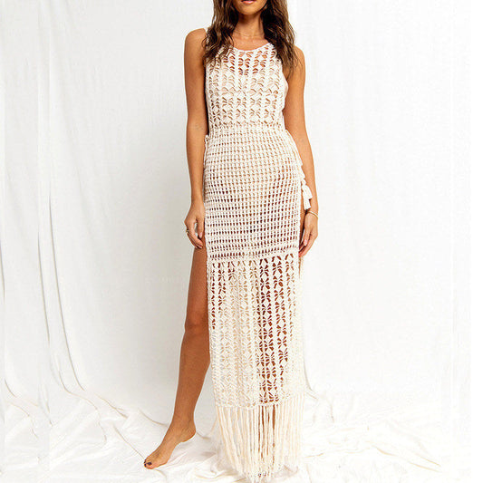 Women's Crochet Beach Dress with Fringed Hem and Side Slit Ivyshape