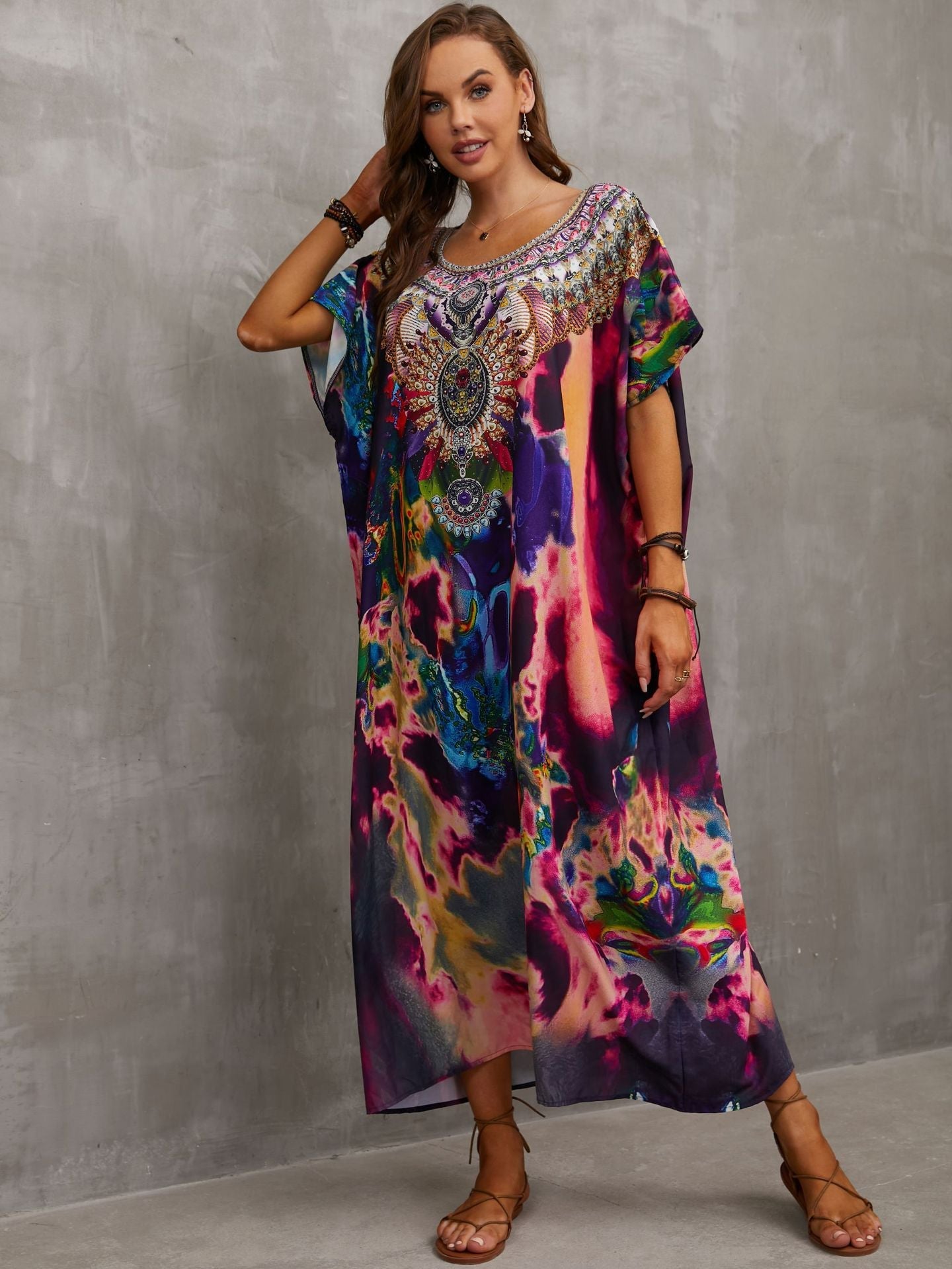 Ladies kaftan dress with majestic animal motif and side slits Ivyshape
