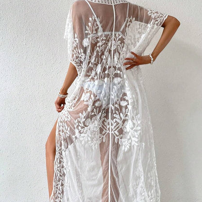 Women's Transparent Beach Robe with Floral Crochet Pattern Ivyshape