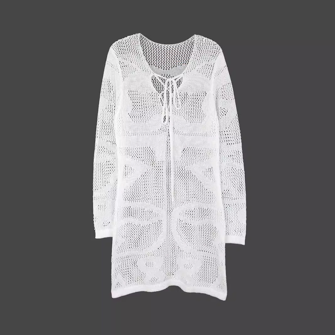 Women Crochet Beach Dress with Deep V-Neck and Open Back Ivyshape
