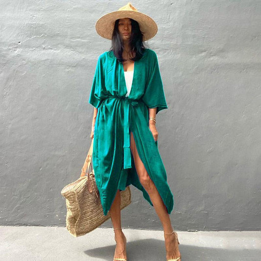 Ladies' beach robe with elegant tie belt and side slits Ivyshape