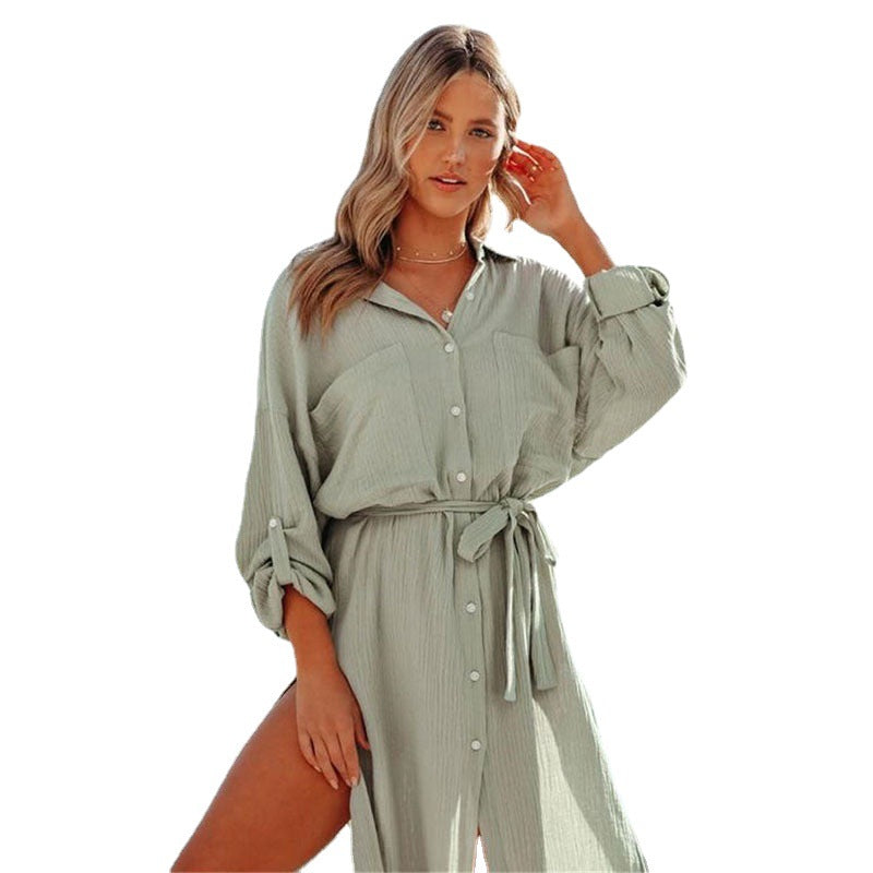 Women's casual shirt dress with waist belt and asymmetrical hem Ivyshape