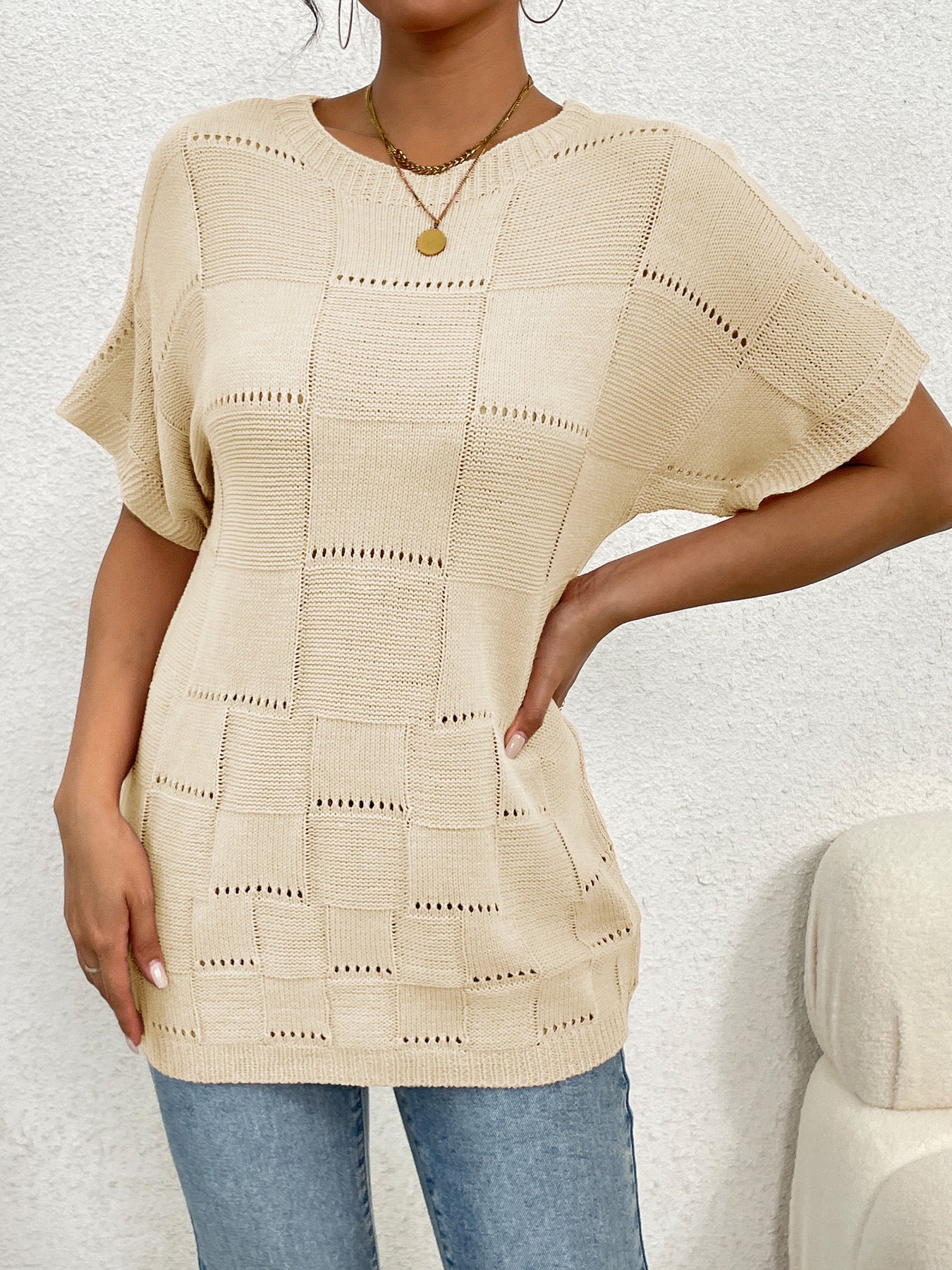 Women's casual knit top with unique hole pattern and wide-cut sleeves Ivyshape