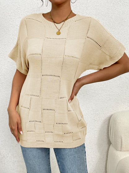 Women's casual knit top with unique hole pattern and wide-cut sleeves Ivyshape