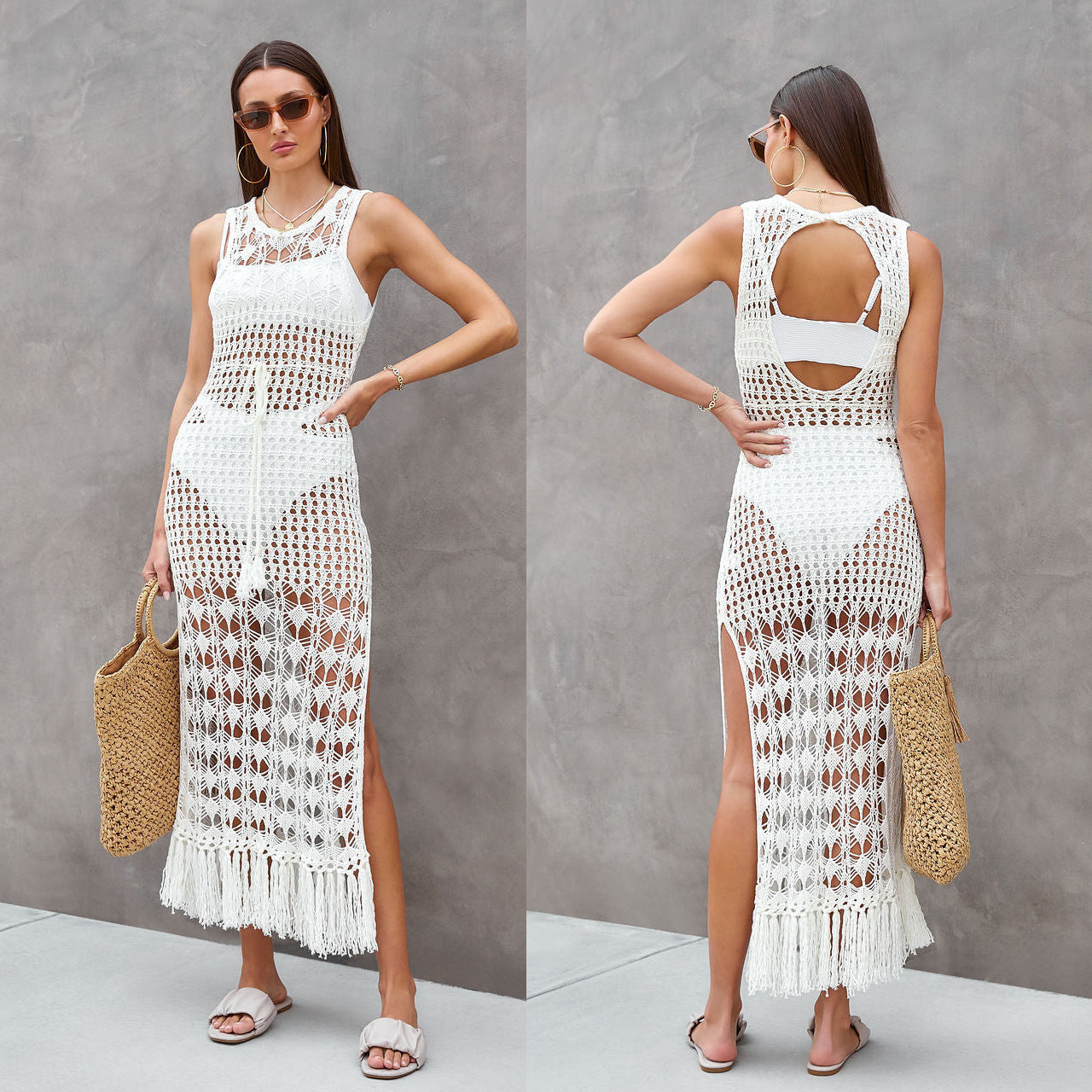 Women's Crochet Beach Cover-Up with Elegant Fringes and Sexy Cut Ivyshape