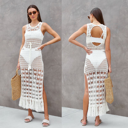 Women's Crochet Beach Cover-Up with Elegant Fringes and Sexy Cut Ivyshape