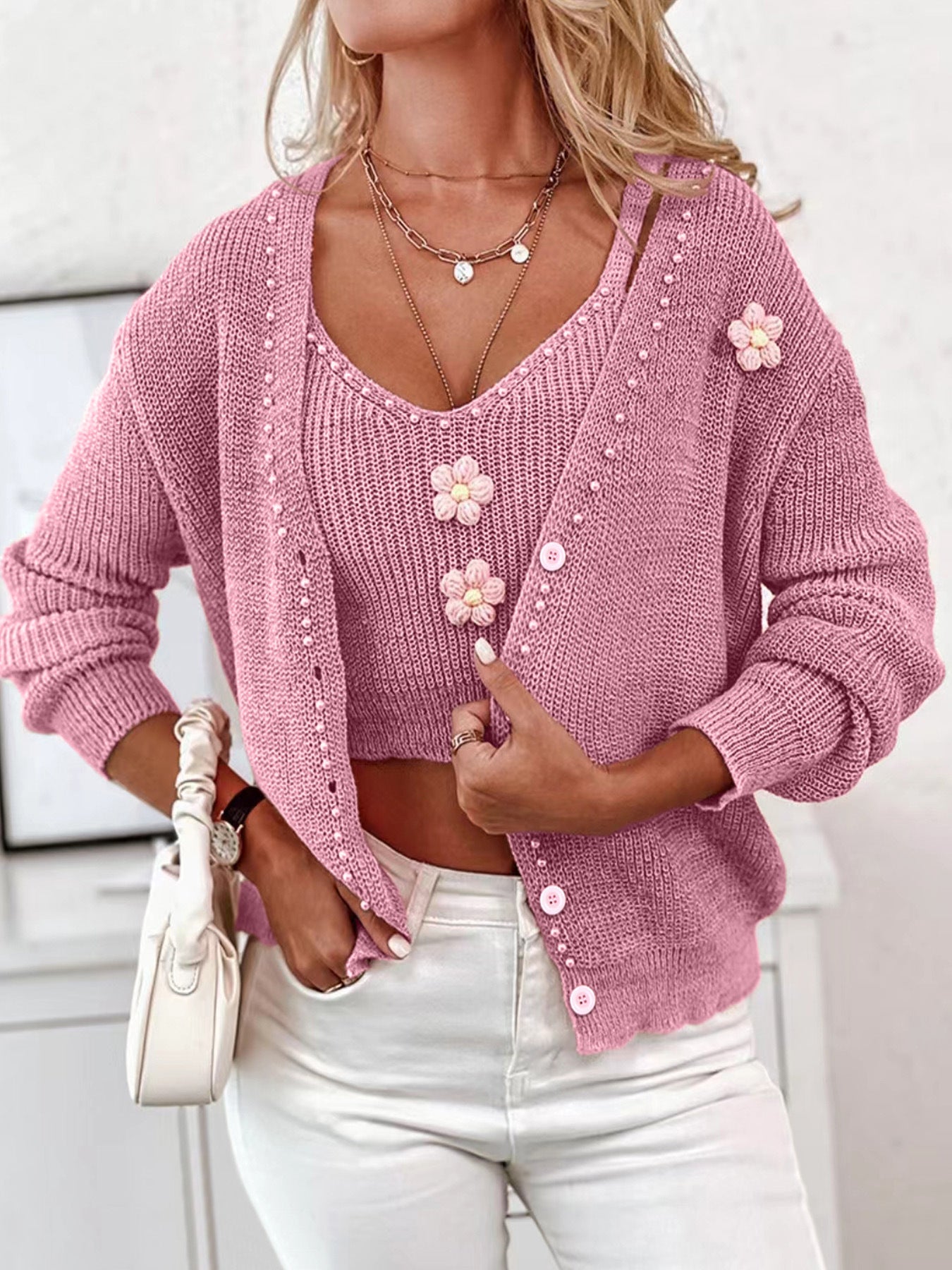 Women's fashionable knit cardigan with floral appliqués and pearl details Ivyshape