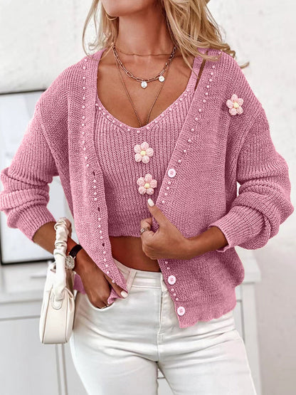 Women's fashionable knit cardigan with floral appliqués and pearl details Ivyshape