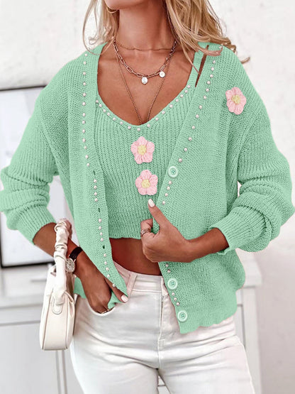 Women's fashionable knit cardigan with floral appliqués and pearl details Ivyshape