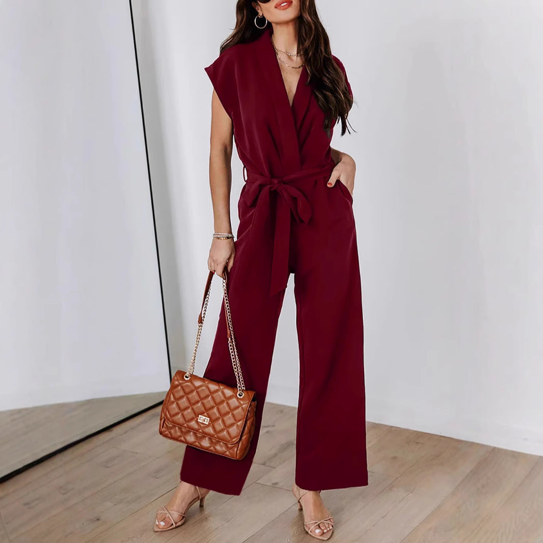 Ladies Elegant Belted Wide Leg Jumpsuit Ivyshape