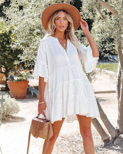 Ladies airy summer dress with ruffle details and button placket Ivyshape