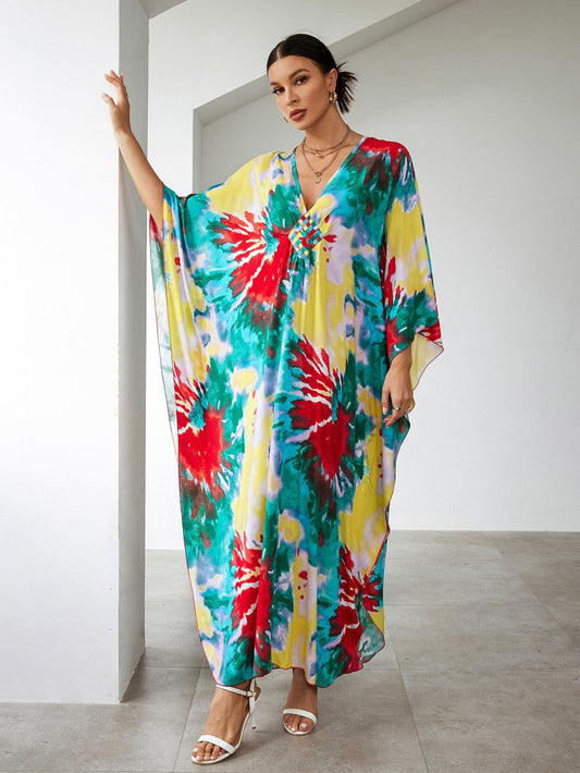 Ladies beach kaftan with elegant V-neck and colorful pattern Ivyshape