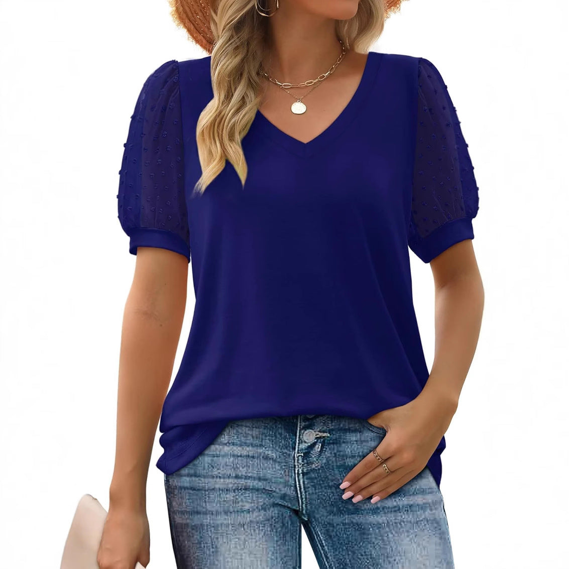 Women Elegant V-Neck Top with Transparent Puff Sleeves Ivyshape