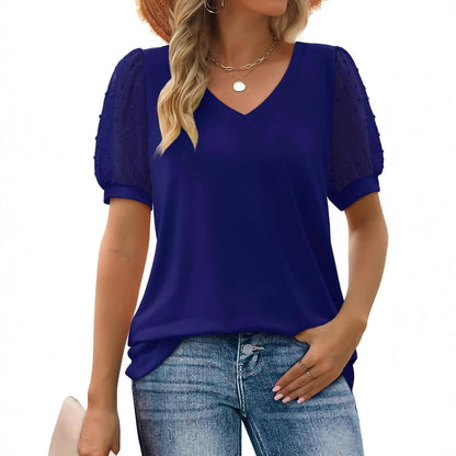 Women Elegant V-Neck Top with Transparent Puff Sleeves Ivyshape