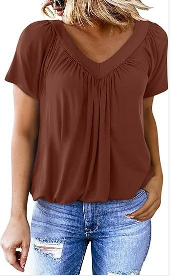 Women Pleated V-Neck Casual Top Ivyshape