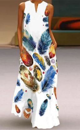 Ladies Maxi Dress with Feather Print Ivyshape