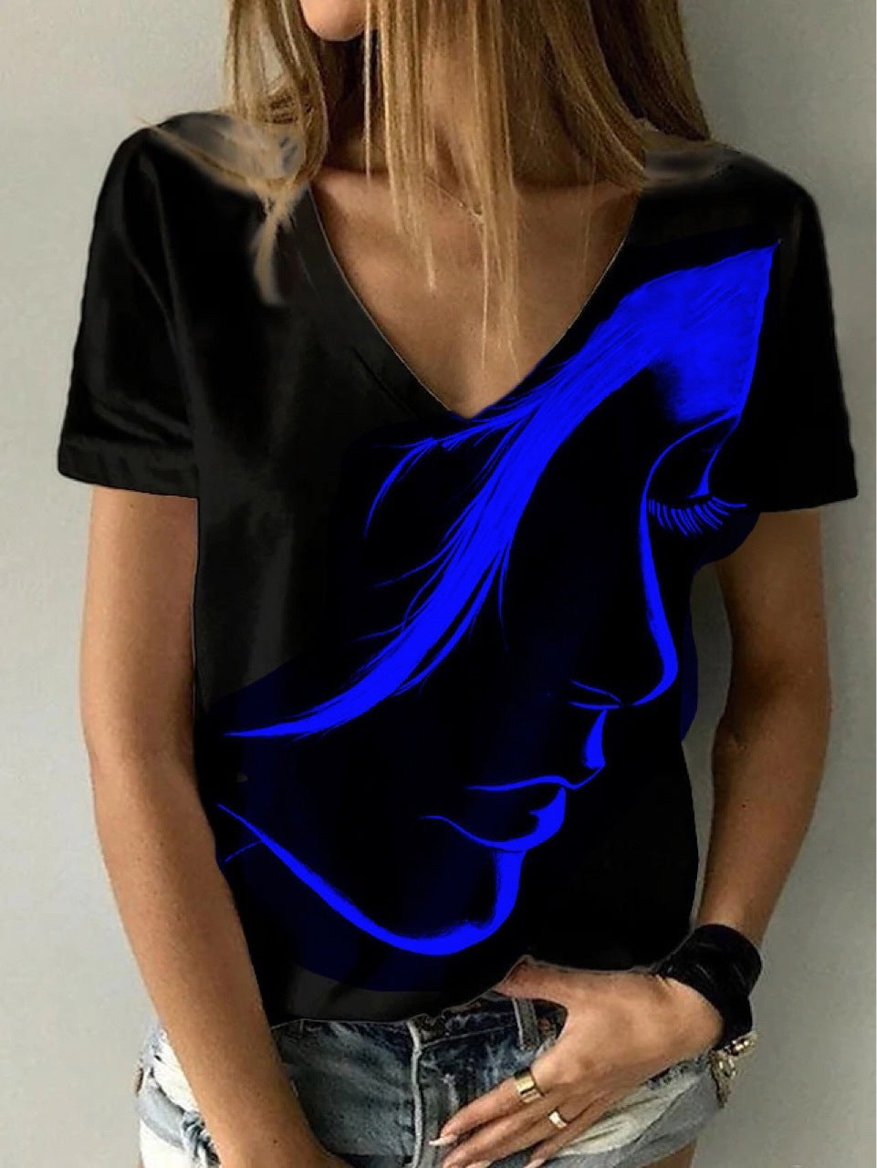 Women Artificial V-Neck Graphic T-Shirt Ivyshape