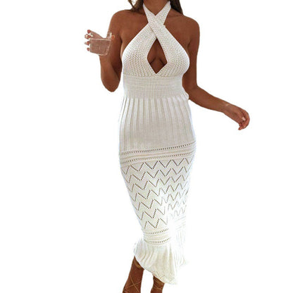 Women's knit maxi dress with deep V-neck and creative crochet pattern Ivyshape