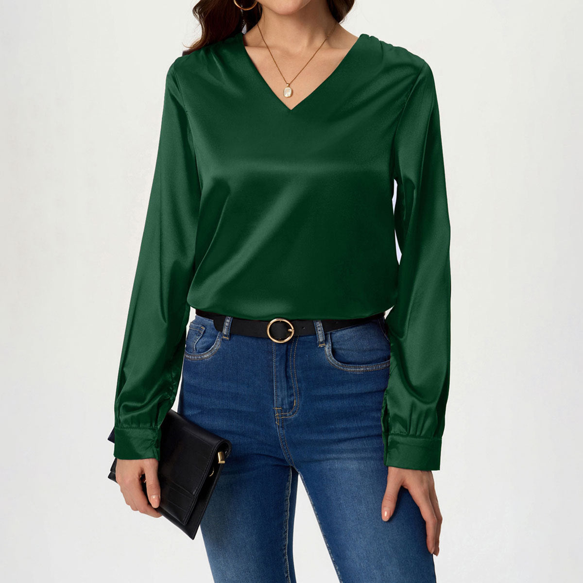 Ladies elegant V-neck satin top with long sleeves Ivyshape