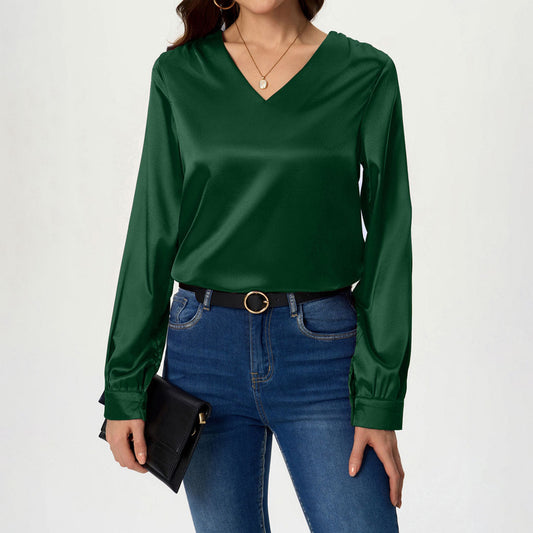 Ladies elegant V-neck satin top with long sleeves Ivyshape