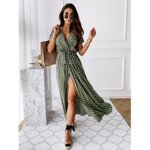 Ladies wrap dress with elegant polka dot pattern and high slit Ivyshape