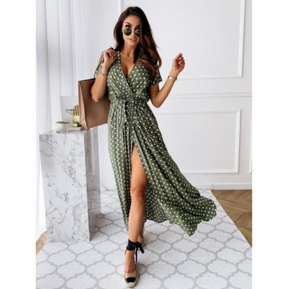 Ladies wrap dress with elegant polka dot pattern and high slit Ivyshape