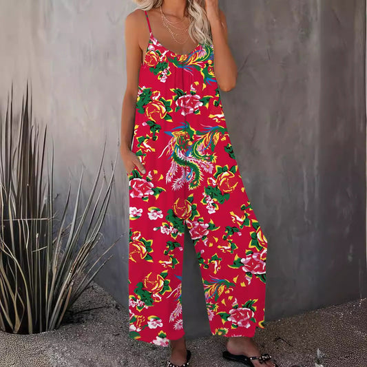 Ladies Floral Print Wide Leg Jumpsuit Ivyshape