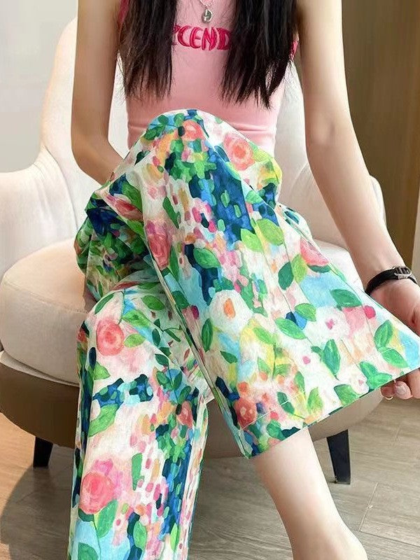 Ladies Floral Pattern Wide Pants Ivyshape