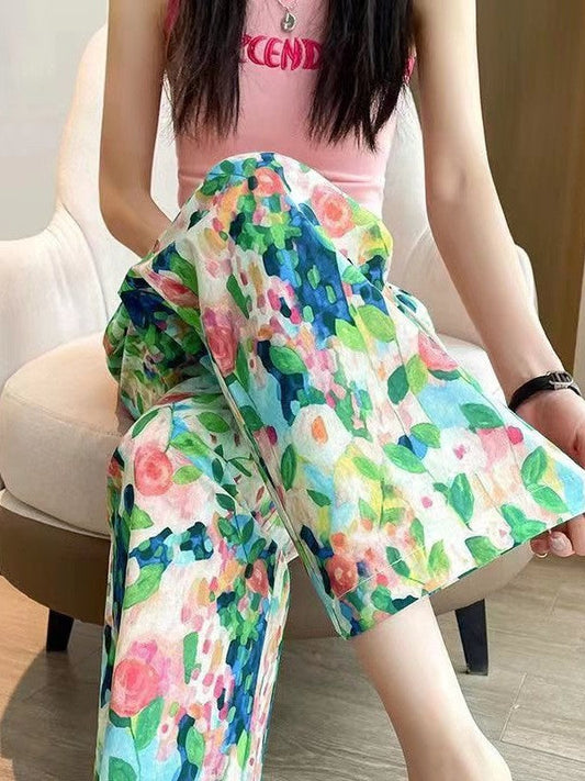 Ladies Floral Pattern Wide Pants Ivyshape