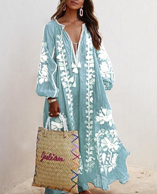 Ladies Long Kaftan with Floral Embroidery and Airy Sleeves Ivyshape