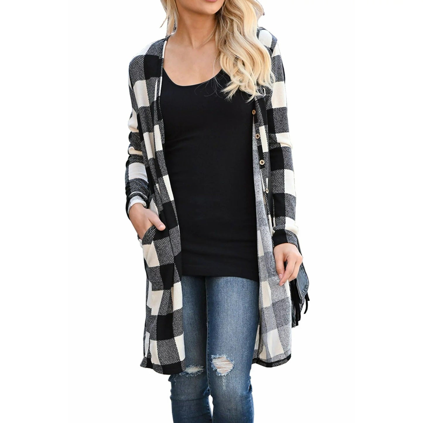 Ladies Long Cardigan with Check Pattern and Practical Closure Ivyshape