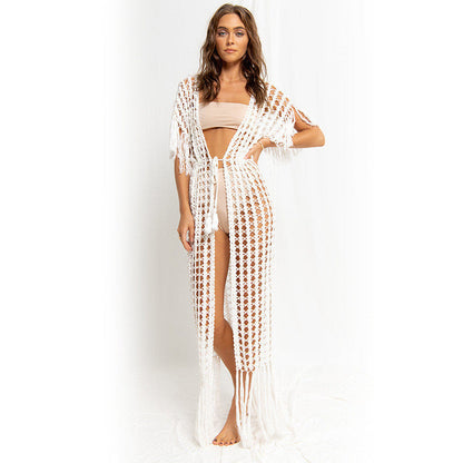 Women's airy crochet beach cover-up with fringed hem Ivyshape