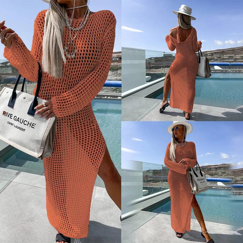 Women's crochet beach dress with deep slit and long cut Ivyshape