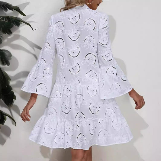Women’s dress with embroidered eyelet pattern and ruffled hem Ivyshape