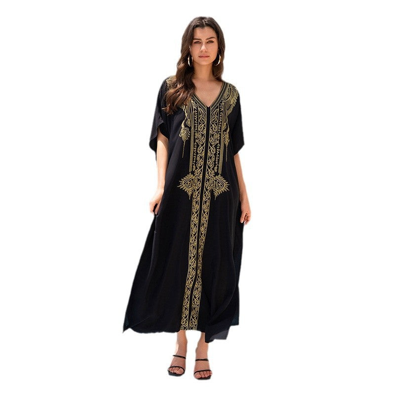 Ladies long beach robe with elaborate embroidery design Ivyshape