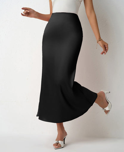 Ladies satin maxi skirt with elegant silhouette and high waistband Ivyshape