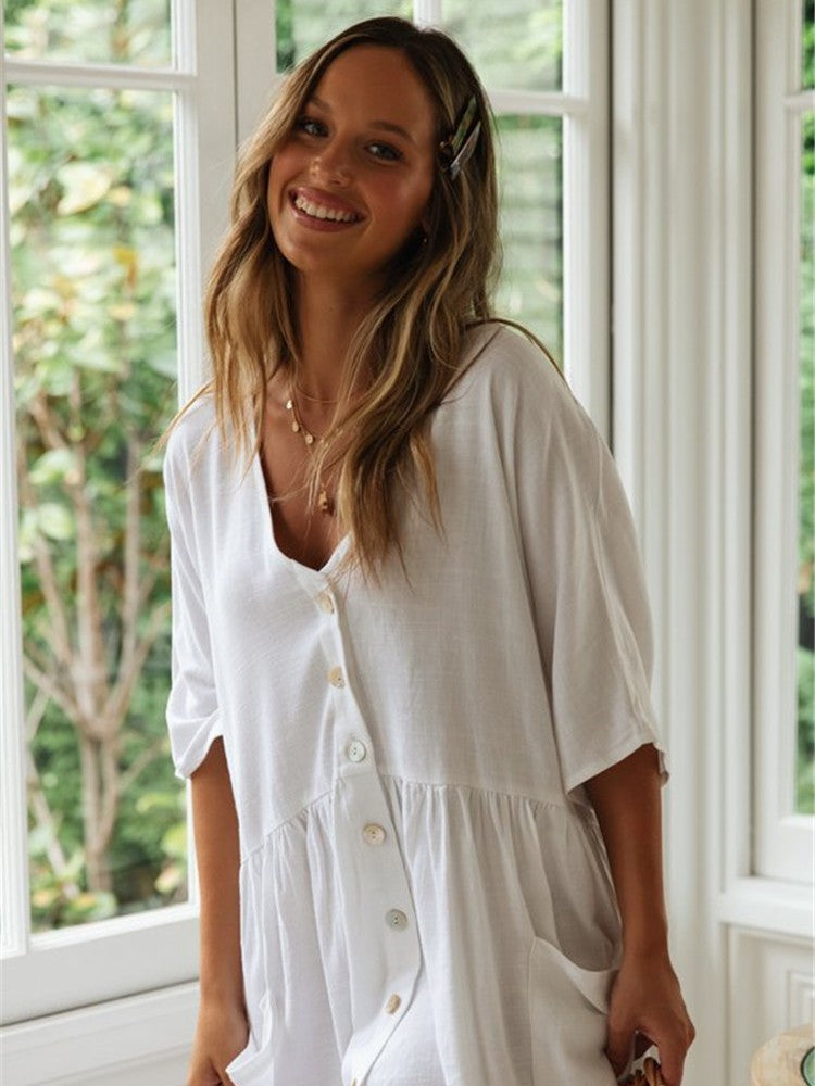 Women's casual short sleeve dress with button detail and pocket Ivyshape