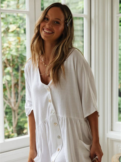 Women's casual short sleeve dress with button detail and pocket Ivyshape