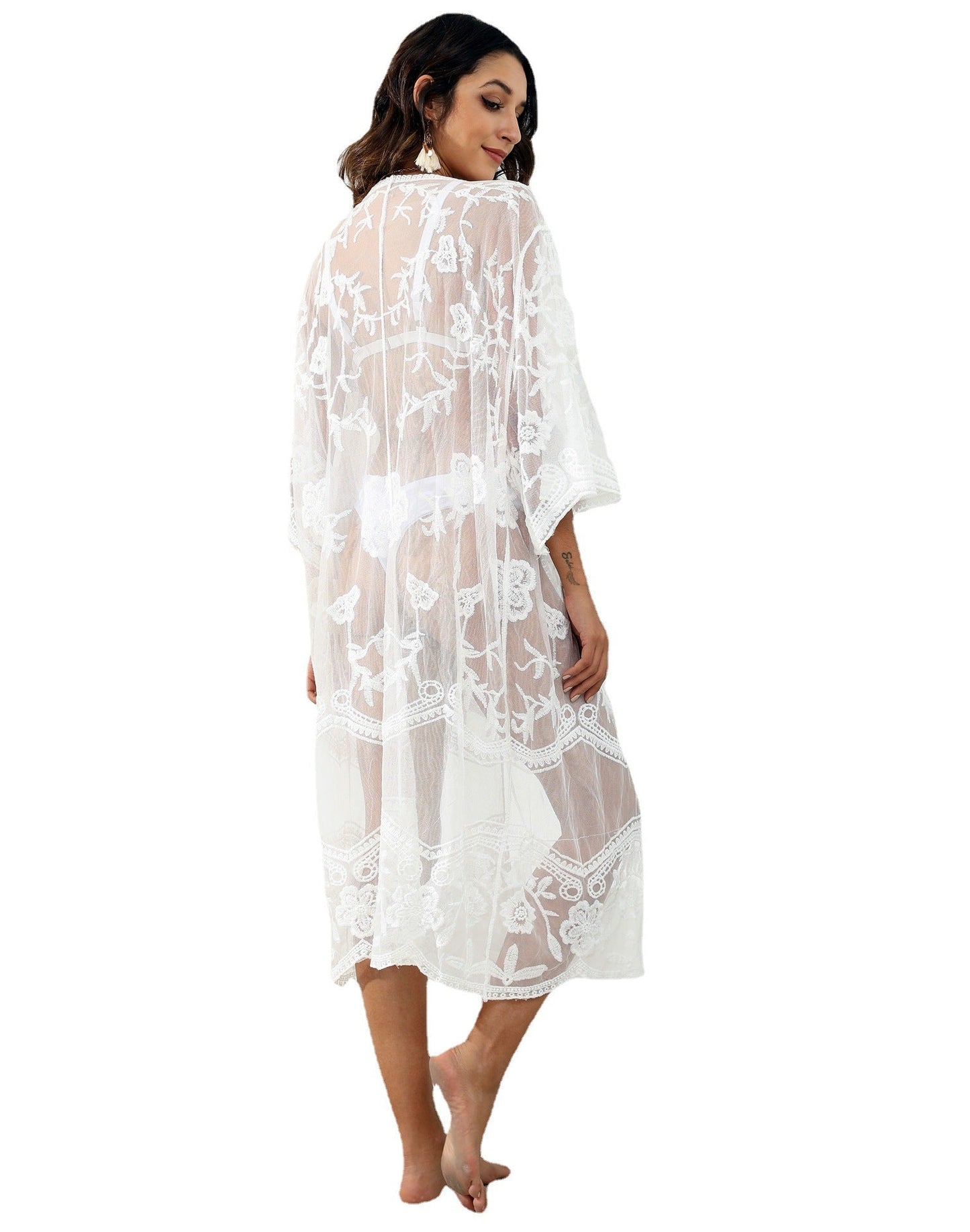 Women's Transparent Beach Kimono with Floral Crochet Patterns and Wide Sleeves Ivyshape