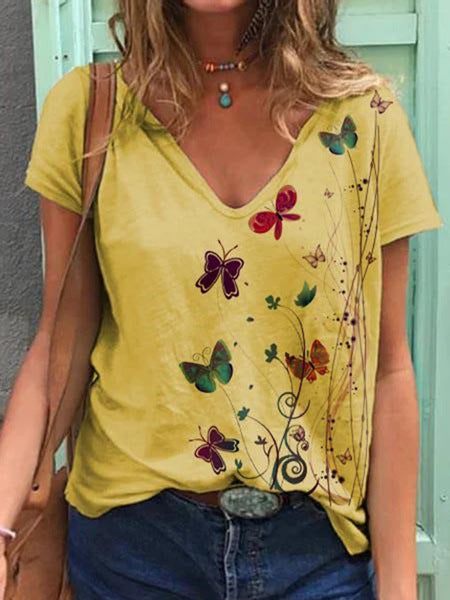 Women V-neck Butterfly Print T-shirt Ivyshape