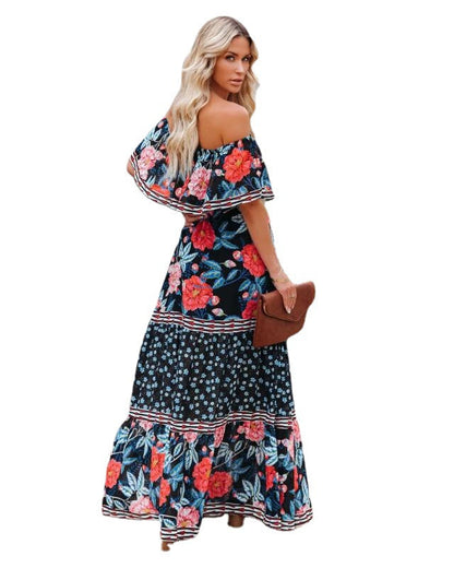 Women's Off-Shoulder Maxi Dress with Floral Design and Voluminous Sleeves Ivyshape