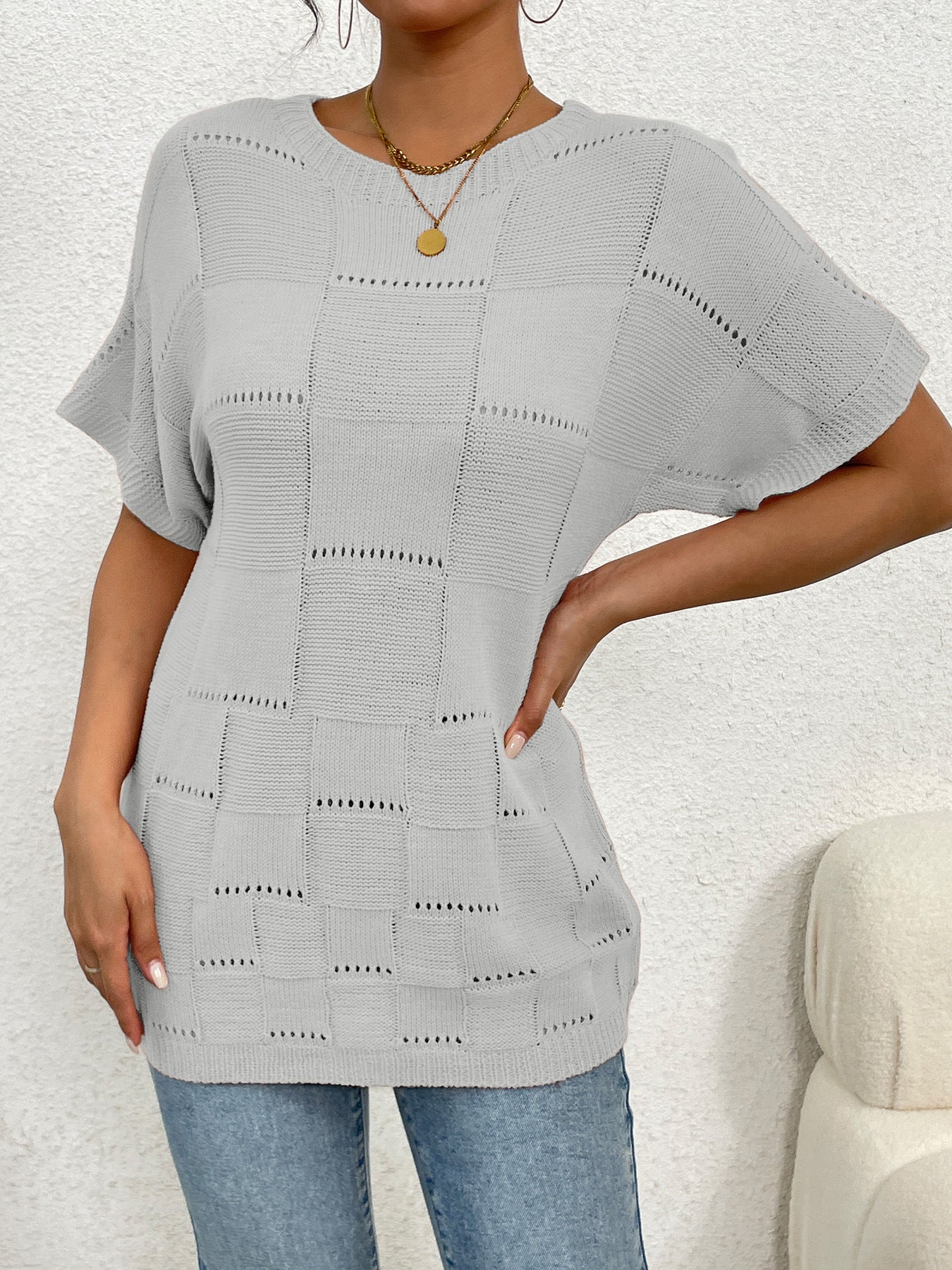 Women's casual knit top with unique hole pattern and wide-cut sleeves Ivyshape