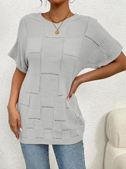 Women's casual knit top with unique hole pattern and wide-cut sleeves Ivyshape